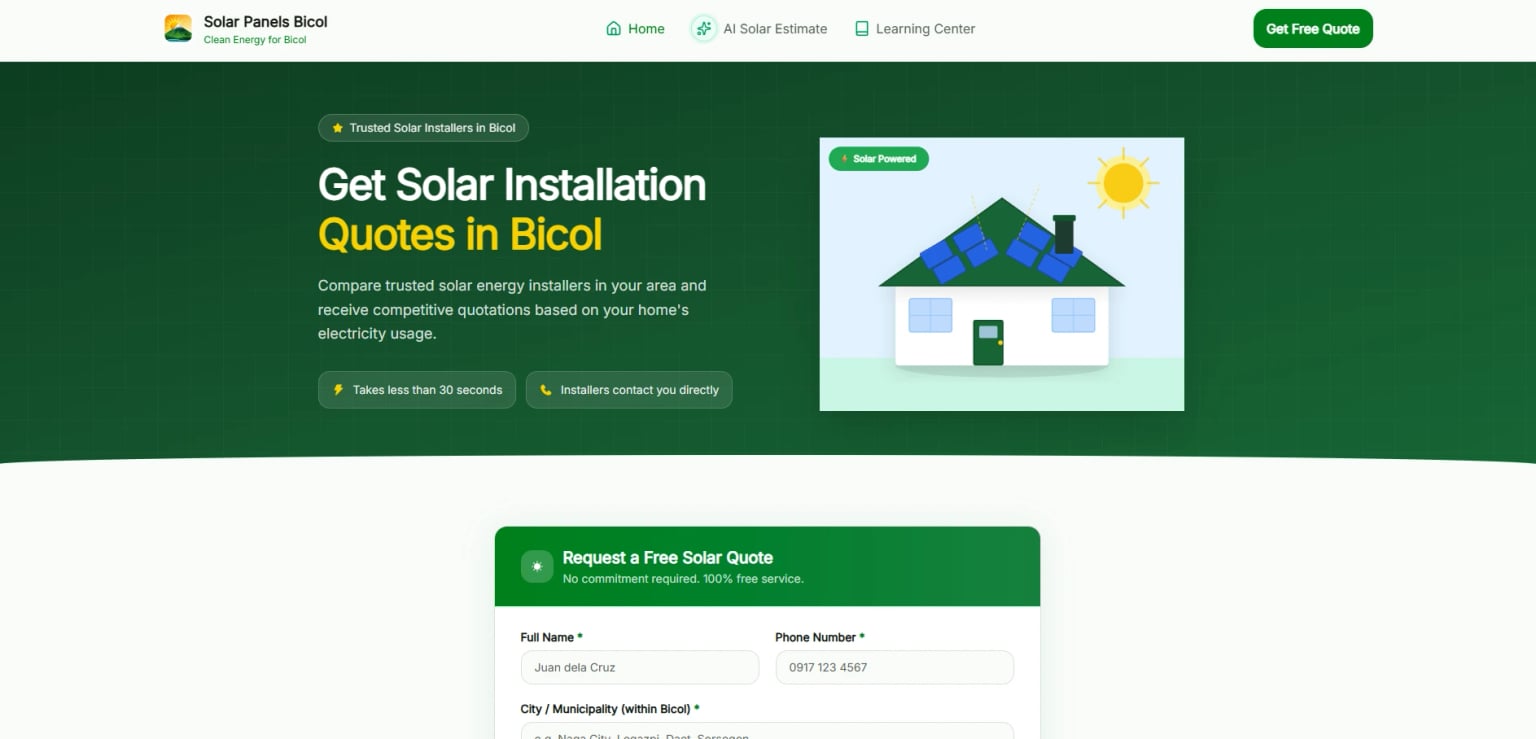 Solar Panels Bicol AI solar estimate interface